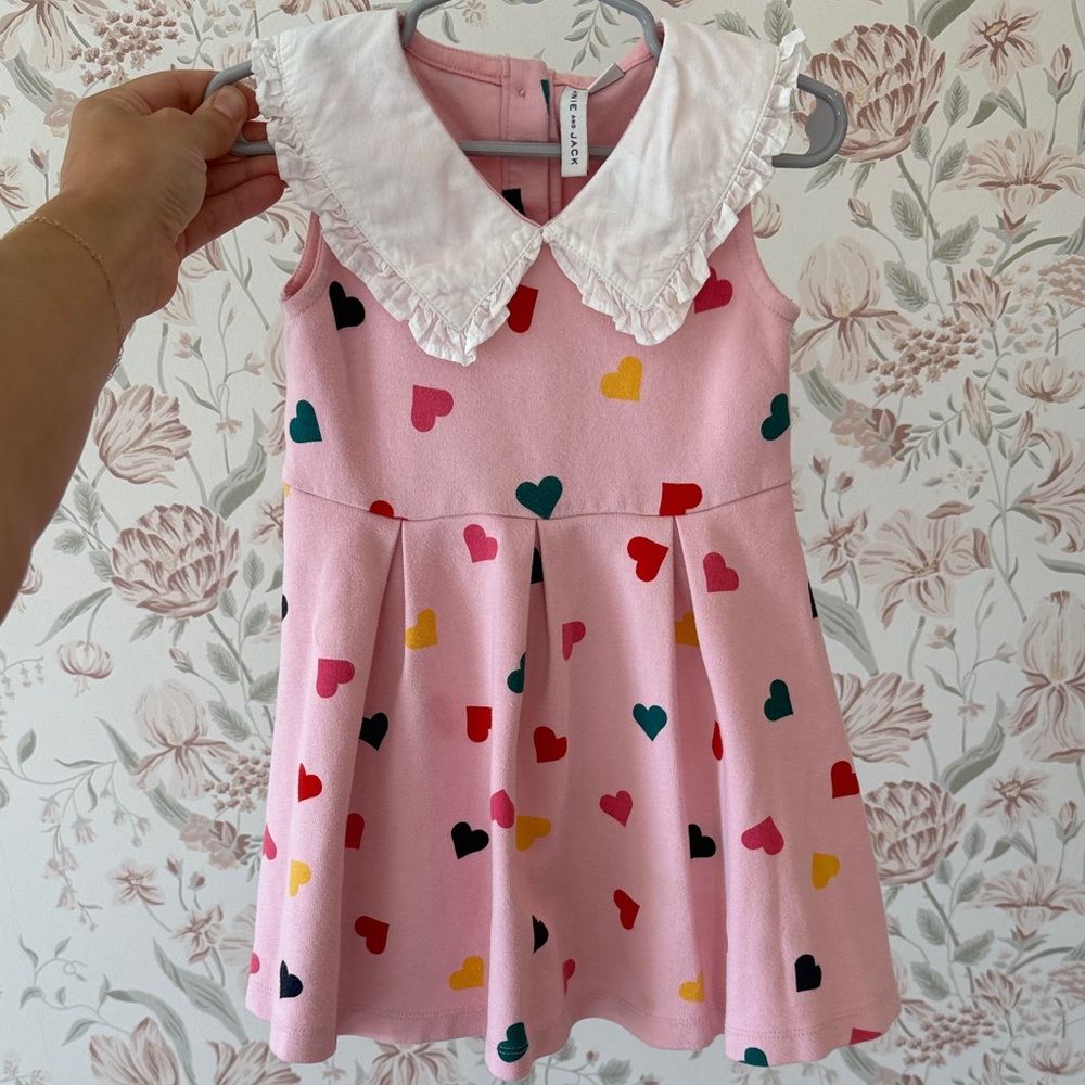 Janie and Jack 3T Girls Pink Heart Print Dress with White Ruffled Collar
